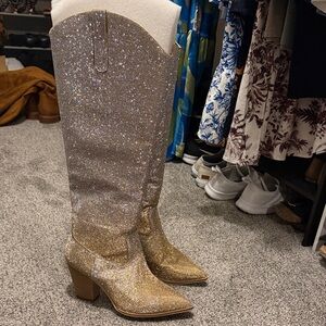 Glitter Knee-High Cowboy Boots - Gold